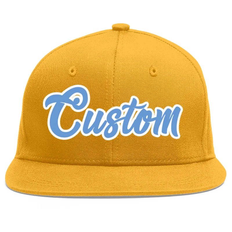 Baseball cap style for personal flair-Custom Gold Light Blue-White Flat Eaves Sport Baseball Cap