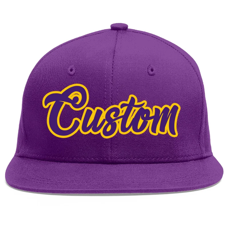 Baseball caps for hot weather-Custom Purple purple-Gold Flat Eaves Sport Baseball Cap