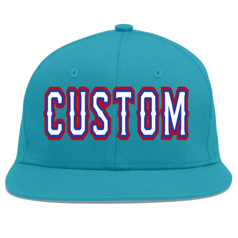 Durability of baseball caps for long-term use-Custom Aqua White-Royal Flat Eaves Sport Baseball Cap