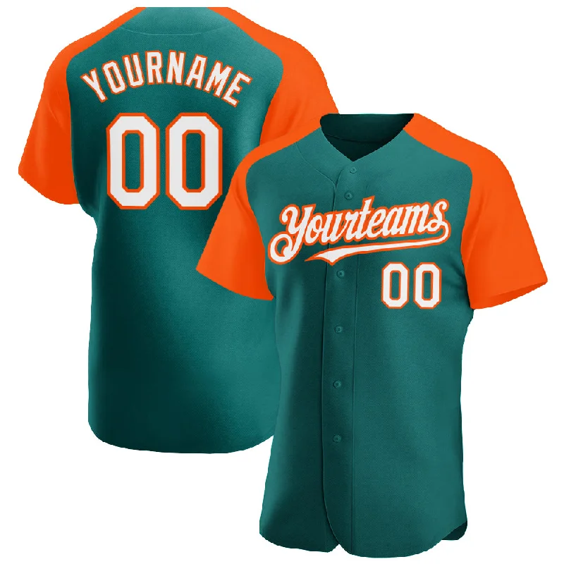 Custom baseball jerseys with slogans for teams-Custom Teal White-Orange Authentic Raglan Sleeves Baseball Jersey