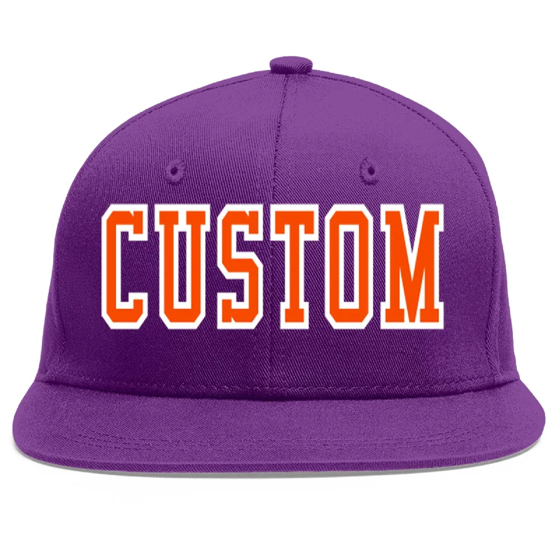 Baseball caps for daily wear-Custom Purple Orange-White Flat Eaves Sport Baseball Cap