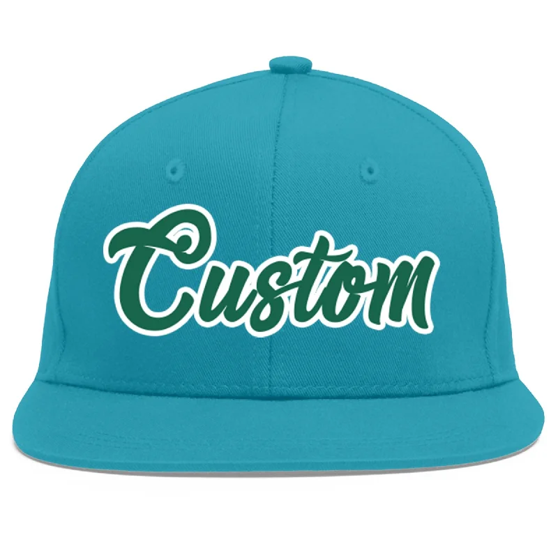 Popular baseball cap trends-Custom Aqua Kelly Green-White Flat Eaves Sport Baseball Cap