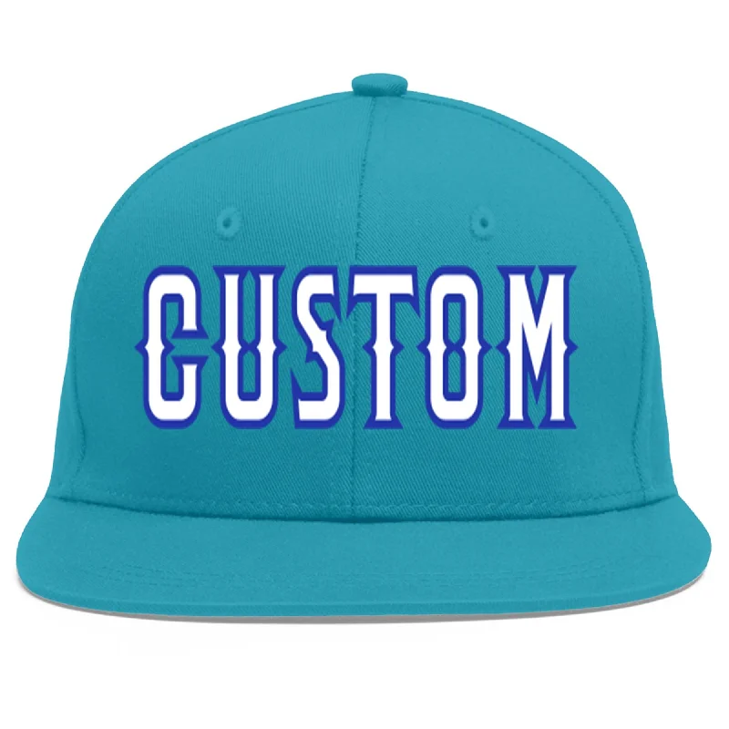 Classic baseball cap features-Custom Aqua White-Royal Flat Eaves Sport Baseball Cap