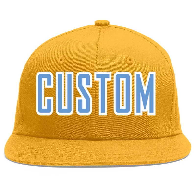 Stylish and functional baseball caps-Custom Gold Light Blue-White Flat Eaves Sport Baseball Cap