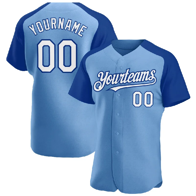 Custom baseball jerseys for youth teams-Custom Light Blue White-Royal Authentic Raglan Sleeves Baseball Jersey