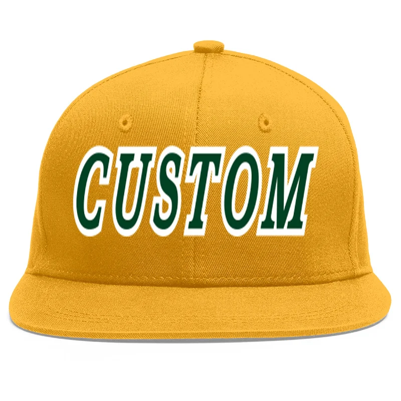 How to clean a baseball cap-Custom Gold Green-White Flat Eaves Sport Baseball Cap