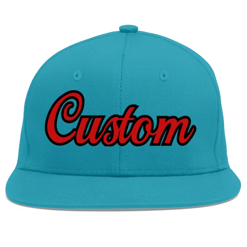 Innovative baseball cap designs-Custom Aqua Red-Black Flat Eaves Sport Baseball Cap