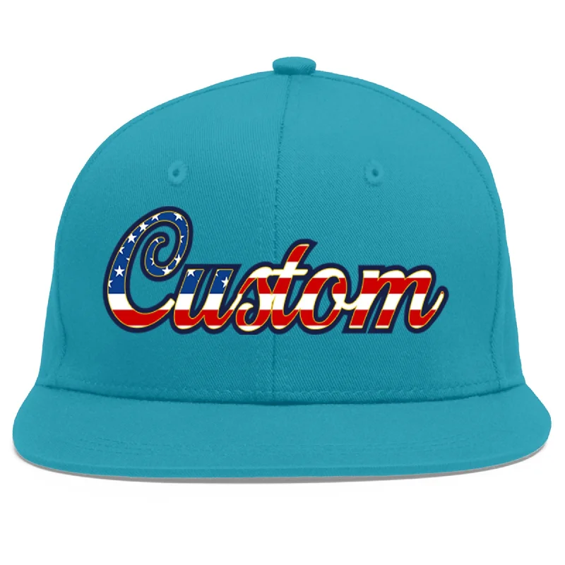 Baseball cap color combinations-Custom Aqua Vintage USA Flag-Gold Flat Eaves Sport Baseball Cap