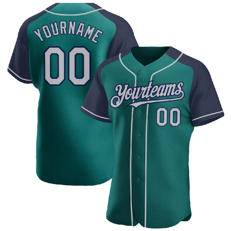 Baseball jerseys with contrasting piping for style-Custom Teal Gray-Navy Authentic Raglan Sleeves Baseball Jersey