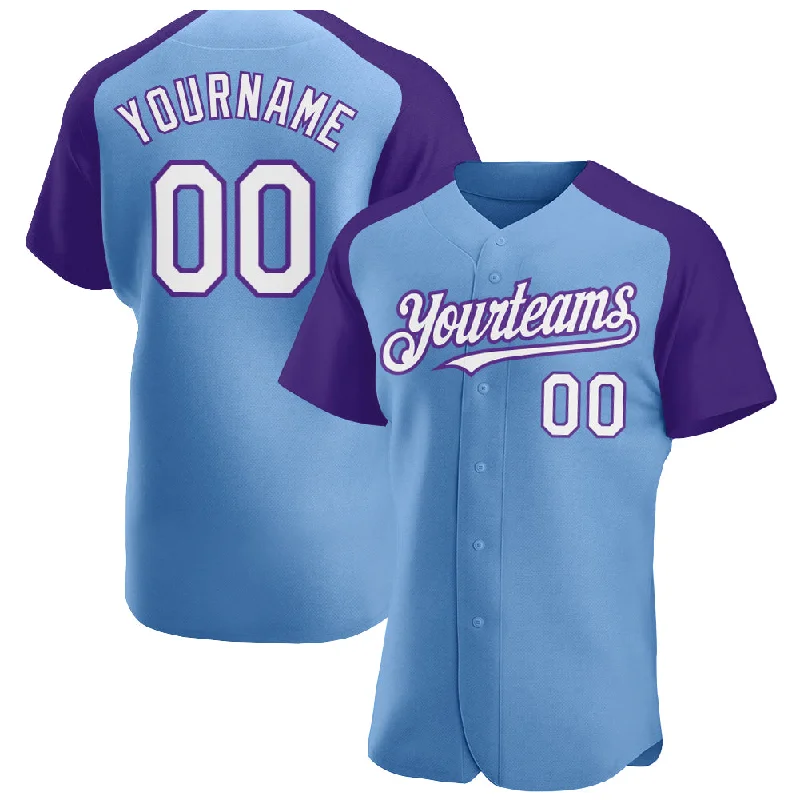 Comfortable baseball jerseys for long games-Custom Light Blue White-Purple Authentic Raglan Sleeves Baseball Jersey