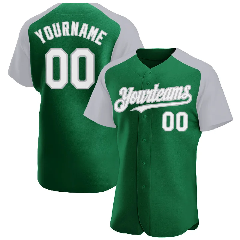 Baseball jerseys with custom name and logo options-Custom Kelly Green White-Gray Authentic Raglan Sleeves Baseball Jersey