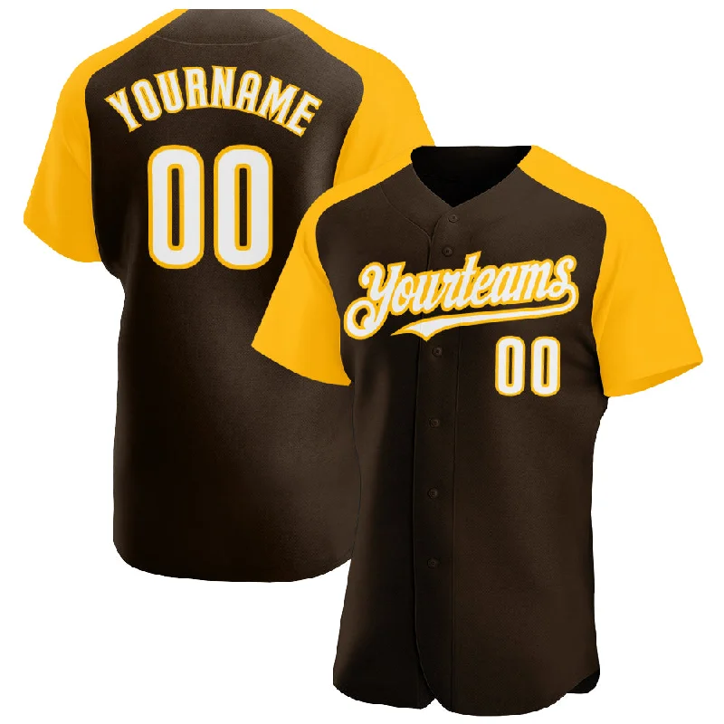 Comfortable and stretchy baseball jerseys for flexibility-Custom Brown White-Gold Authentic Raglan Sleeves Baseball Jersey