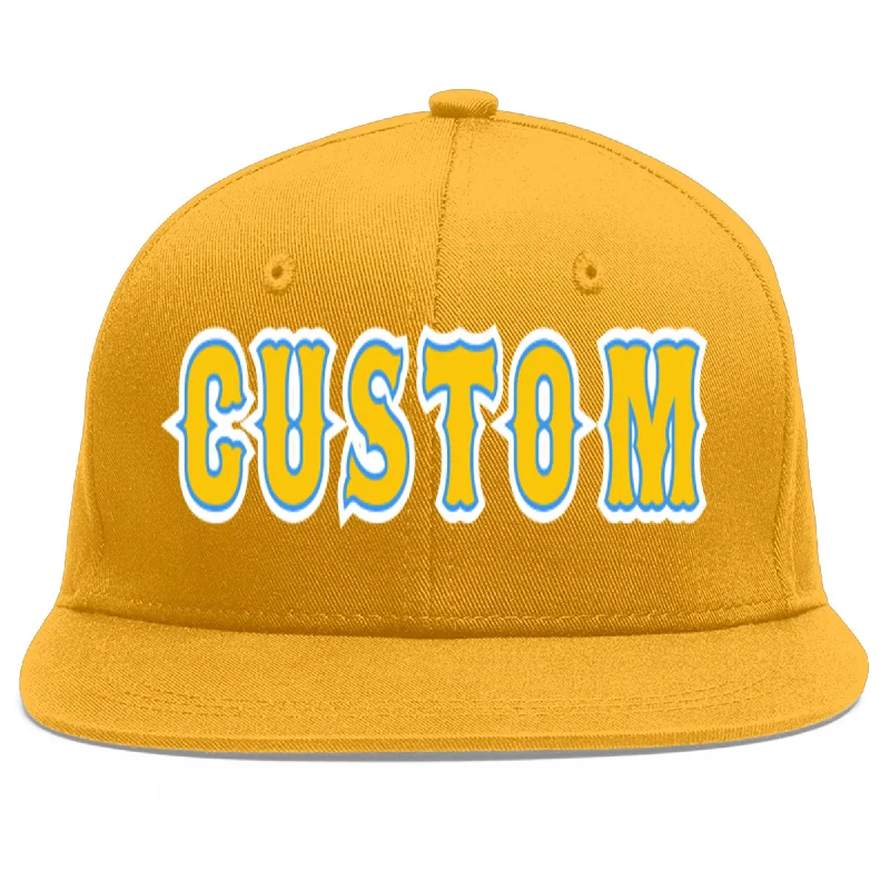 Wind-resistant baseball caps-Custom Gold Gold-Powder Blue Flat Eaves Sport Baseball Cap