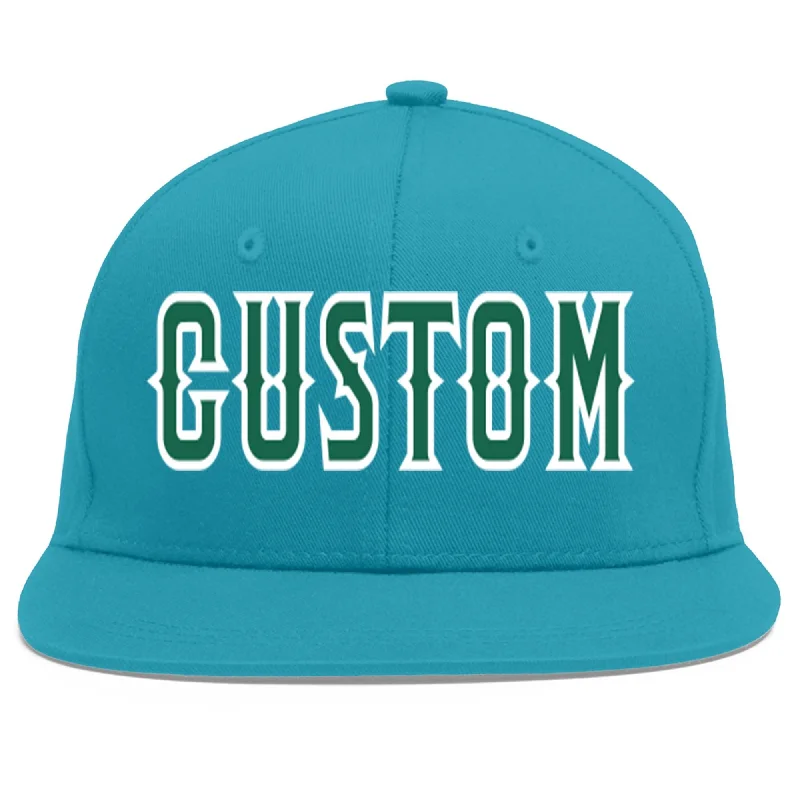 Adjustable baseball caps-Custom Aqua Kelly Green-White Flat Eaves Sport Baseball Cap