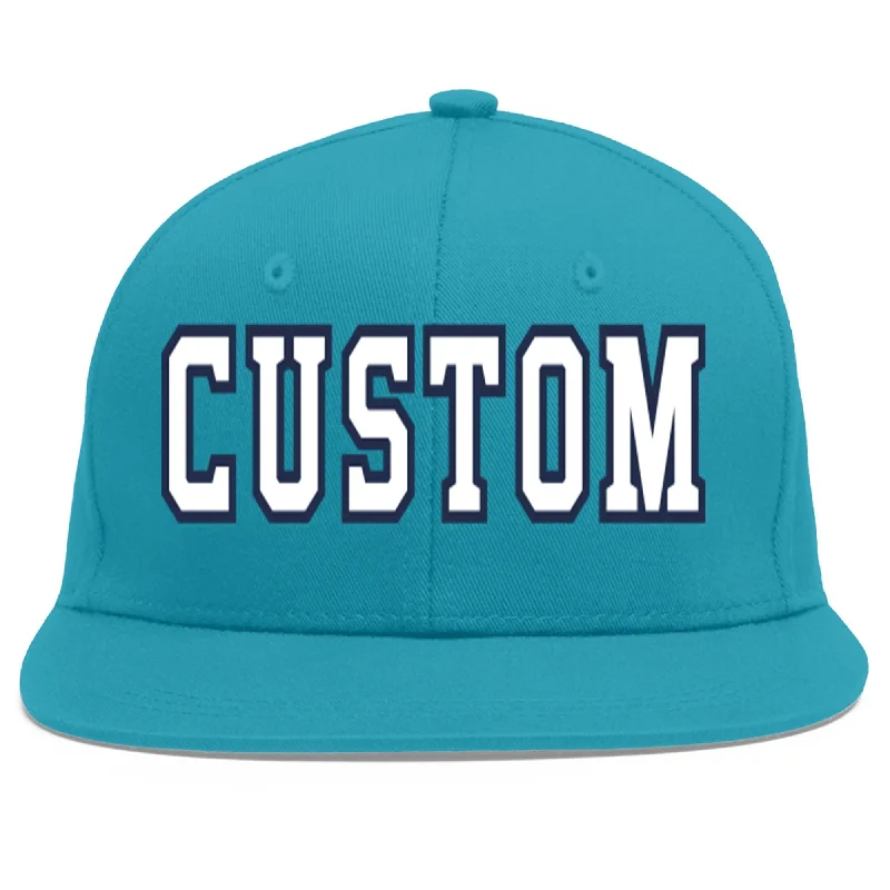 Baseball caps for spring and summer-Custom Aqua White-Navy Flat Eaves Sport Baseball Cap