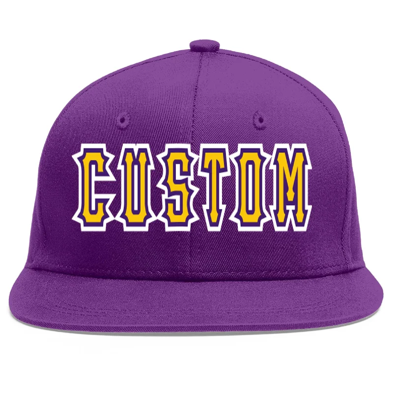 Embroidered logo baseball caps-Custom Purple Gold-purple Flat Eaves Sport Baseball Cap