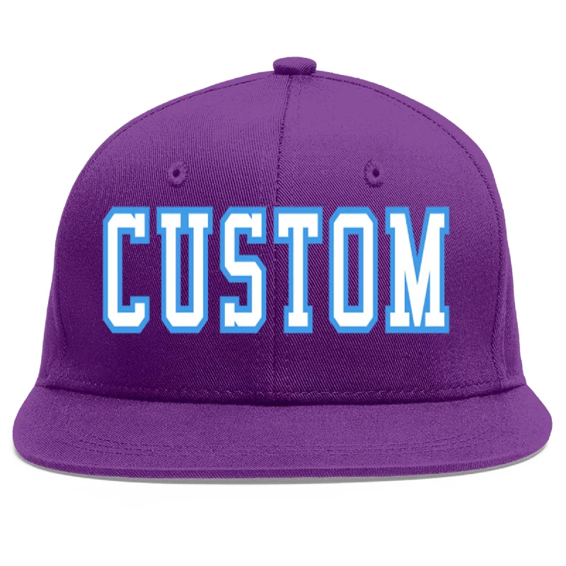 Baseball caps for long wear-Custom Purple White-Powder Blue Flat Eaves Sport Baseball Cap