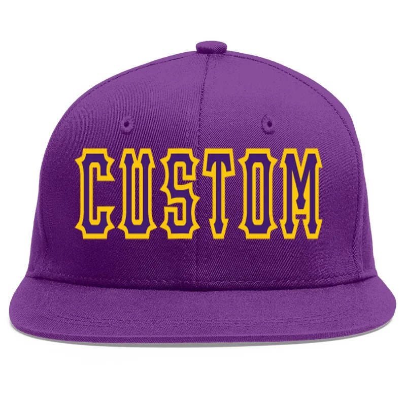 Baseball caps for running and cycling-Custom Purple purple-Gold Flat Eaves Sport Baseball Cap