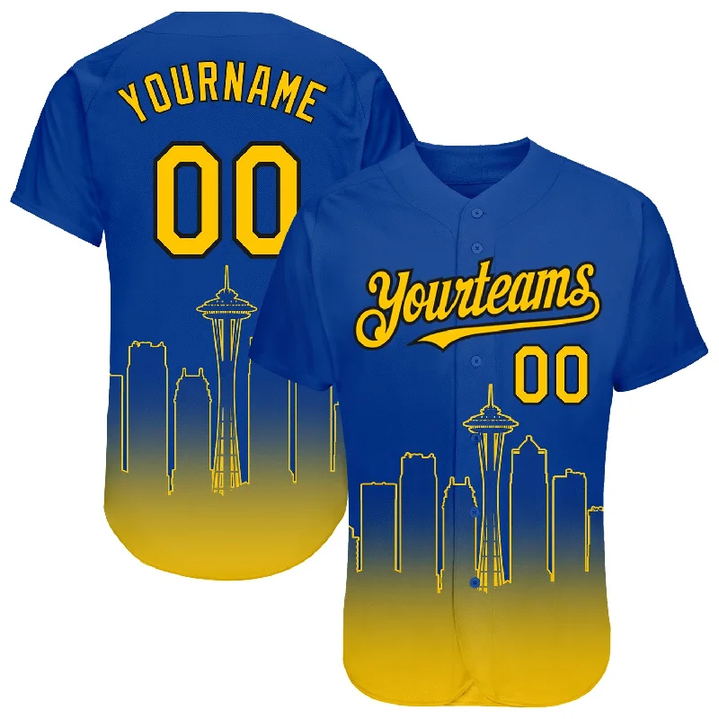 Custom team baseball jerseys with logos-Custom Royal Yellow-Black 3D Seattle City Edition Fade Fashion Authentic Baseball Jersey