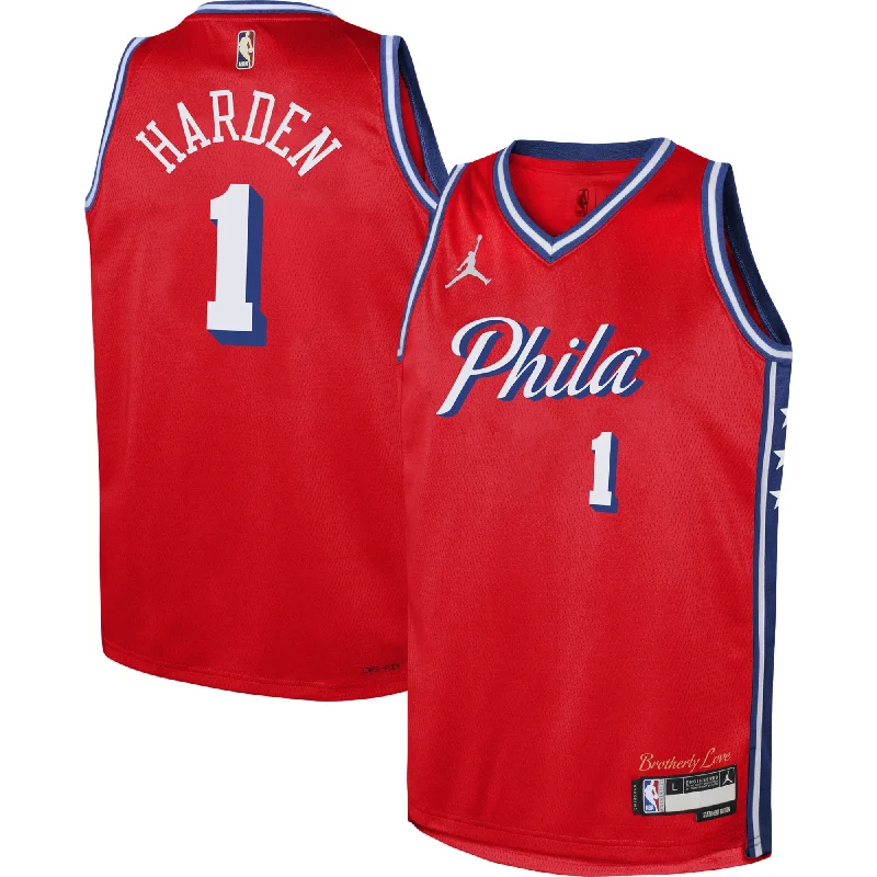 Basketball jerseys with adjustable sizing for youth and adults-James Harden Philadelphia 76ers Jordan Brand Youth Swingman Basketball Jersey - Statement Edition - Red