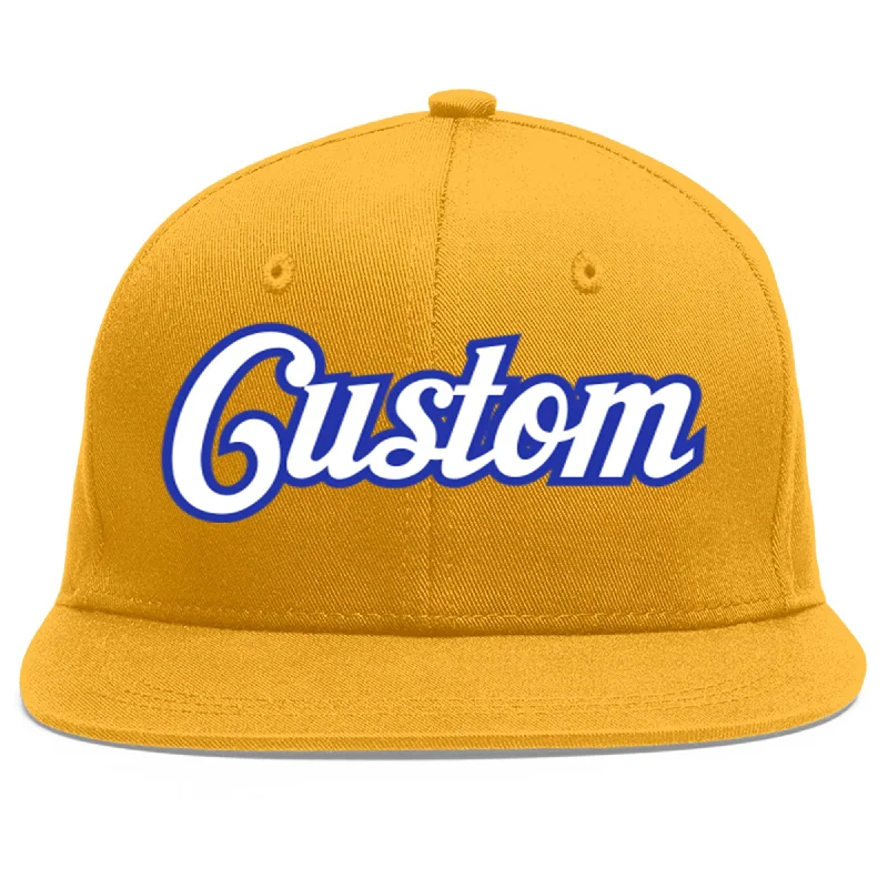 Baseball caps for running and cycling-Custom Gold White-Royal Flat Eaves Sport Baseball Cap