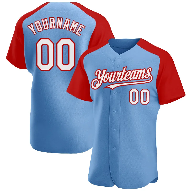 Best baseball jerseys for active players and fans-Custom Light Blue White-Red Authentic Raglan Sleeves Baseball Jersey