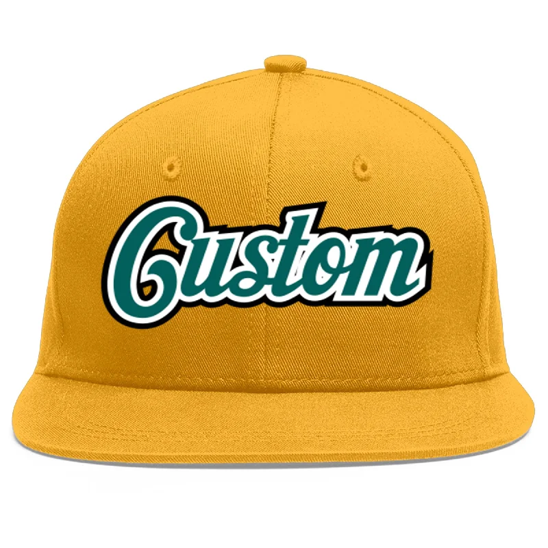 Stylish and functional baseball caps-Custom Gold Aqua-White Flat Eaves Sport Baseball Cap