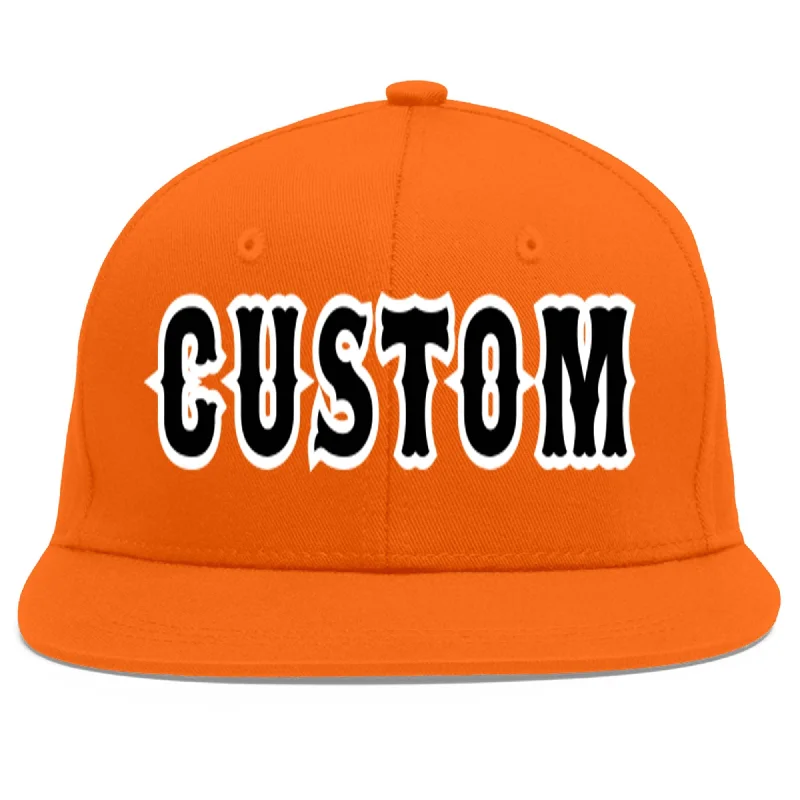 Stylish baseball cap designs-Custom Orange Black-White Flat Eaves Sport Baseball Cap