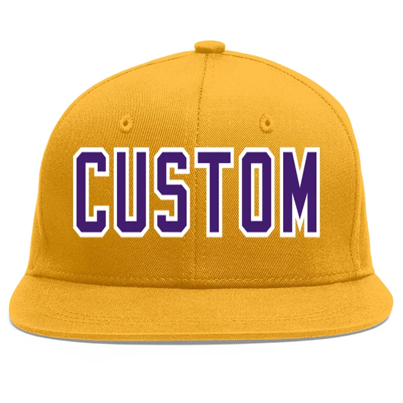 Baseball caps for athletes-Custom Gold purple-White Flat Eaves Sport Baseball Cap