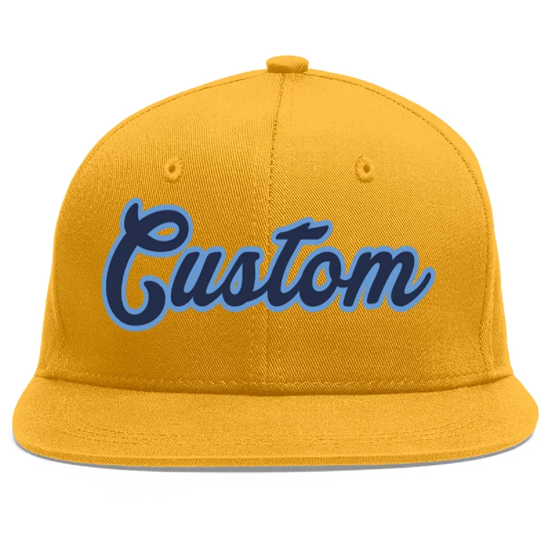 Baseball caps for athletes-Custom Gold Navy-Light Blue Flat Eaves Sport Baseball Cap