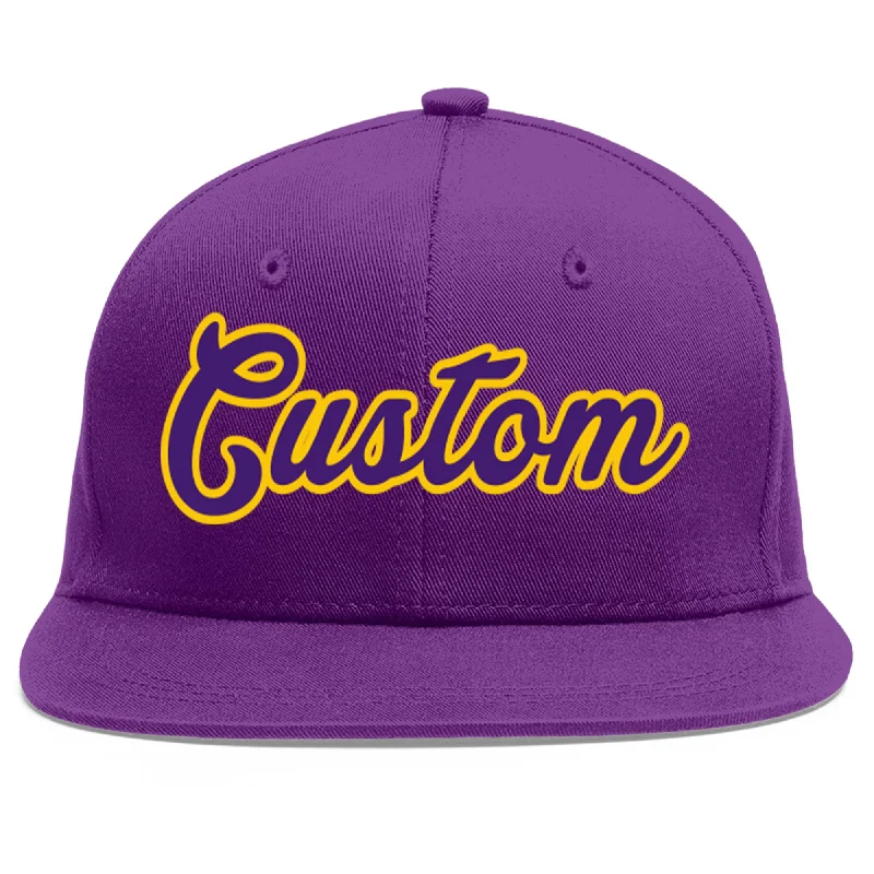 Baseball caps for running and jogging-Custom Purple purple-Gold Flat Eaves Sport Baseball Cap