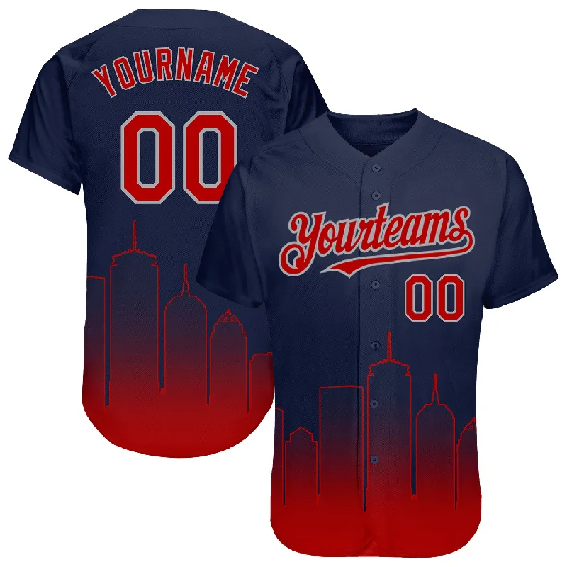 Baseball jerseys with moisture-resistant fabric-Custom Navy Red-Gray 3D Boston City Edition Fade Fashion Authentic Baseball Jersey