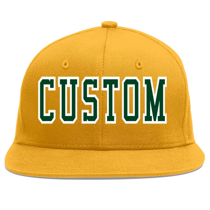 Baseball caps with logos-Custom Gold Green-White Flat Eaves Sport Baseball Cap