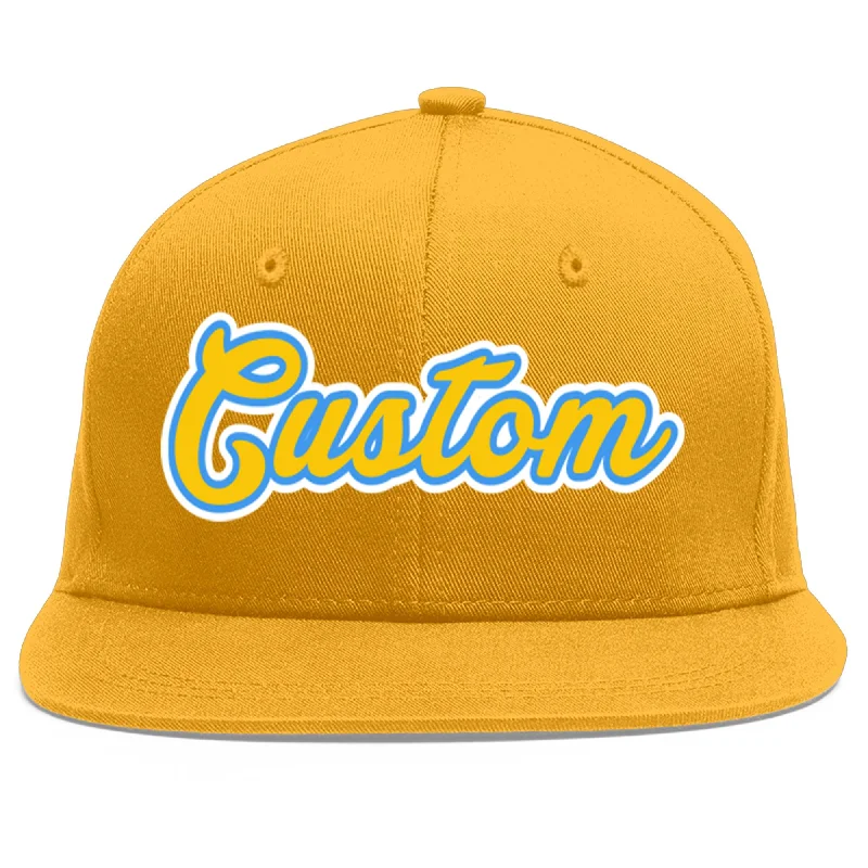 Baseball caps for long wear-Custom Gold Gold-Powder Blue Flat Eaves Sport Baseball Cap