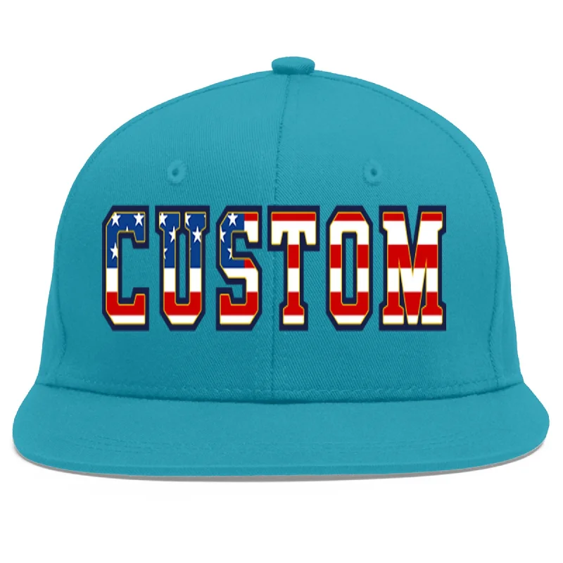 Baseball caps for outdoor activities-Custom Aqua Vintage USA Flag-Gold Flat Eaves Sport Baseball Cap