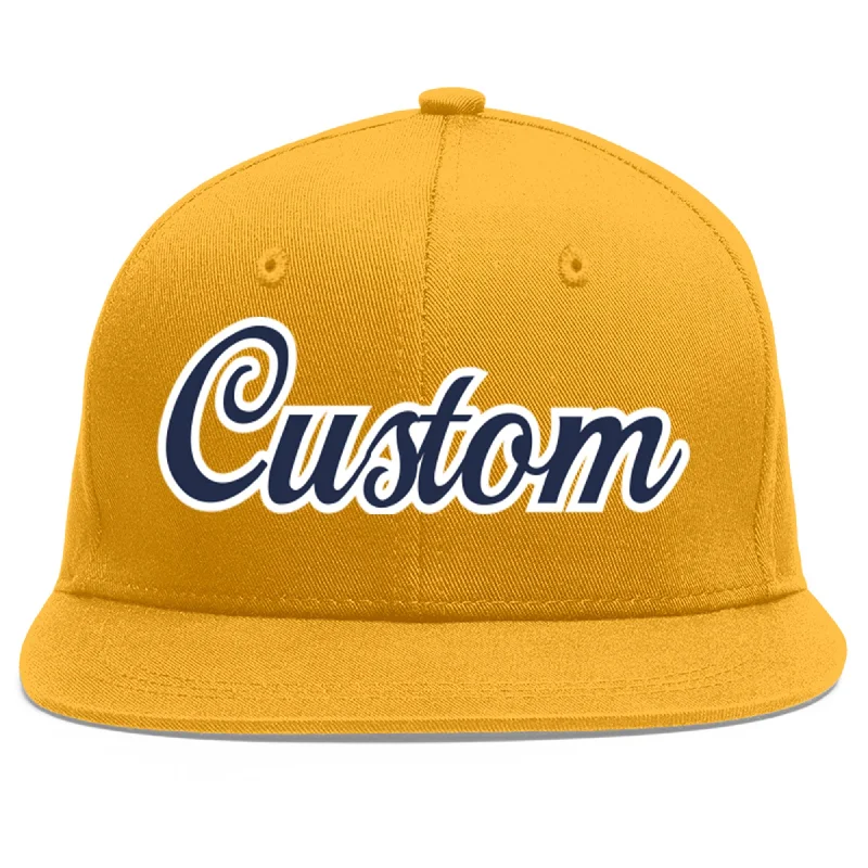 Baseball cap outfit pairing tips-Custom Gold Navy-White Flat Eaves Sport Baseball Cap