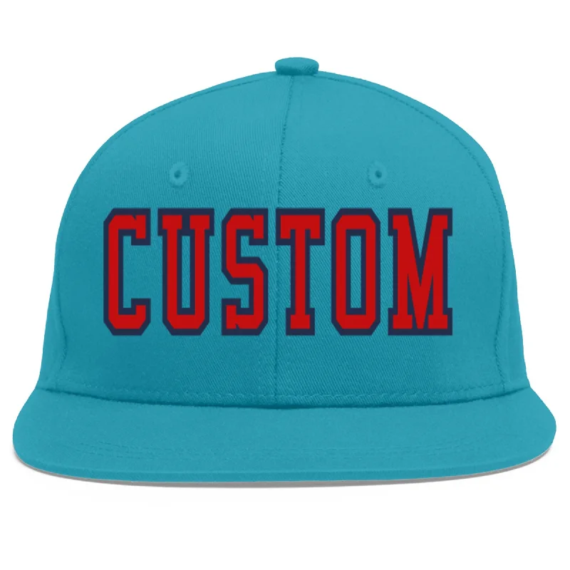 Stylish baseball cap designs-Custom Aqua Red-Navy Flat Eaves Sport Baseball Cap