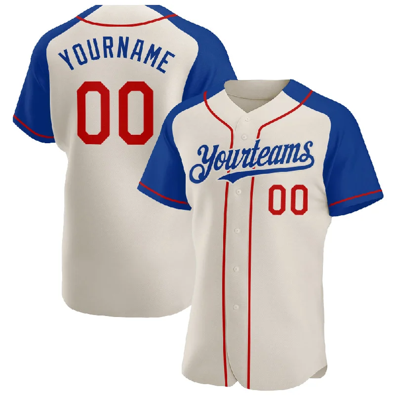 Baseball jerseys with adjustable sizing for youth and adults-Custom Cream Red-Royal Authentic Raglan Sleeves Baseball Jersey