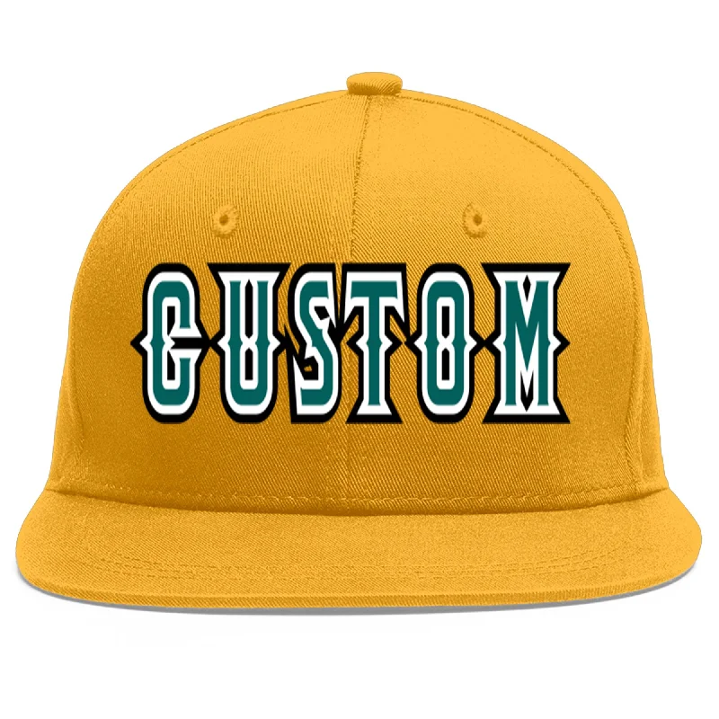 Baseball caps for athletes-Custom Gold Aqua-White Flat Eaves Sport Baseball Cap