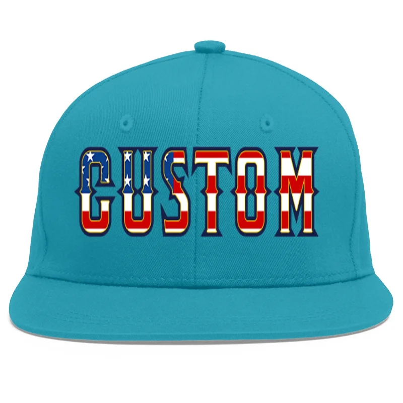 UV protection in baseball caps-Custom Aqua Vintage USA Flag-Gold Flat Eaves Sport Baseball Cap