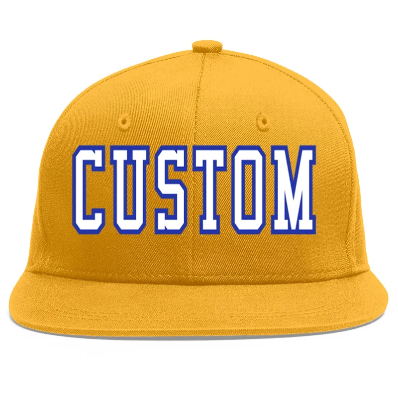 Athletic-style baseball caps-Custom Gold White-Royal Flat Eaves Sport Baseball Cap