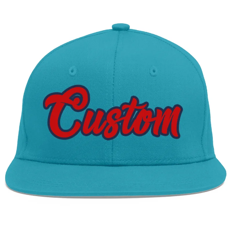 Baseball caps for outdoor activities-Custom Aqua Red-Navy Flat Eaves Sport Baseball Cap