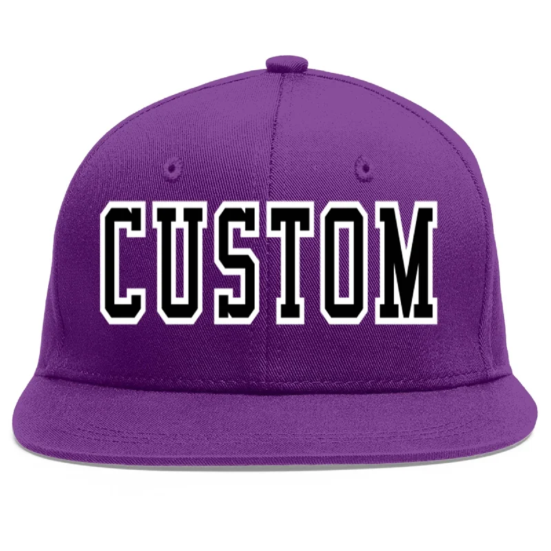 Baseball caps for fall and winter-Custom Purple Black-White Flat Eaves Sport Baseball Cap