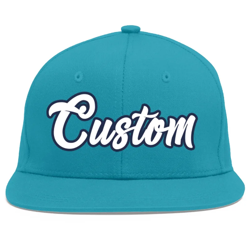 Baseball caps with flexible design-Custom Aqua White-Navy Flat Eaves Sport Baseball Cap