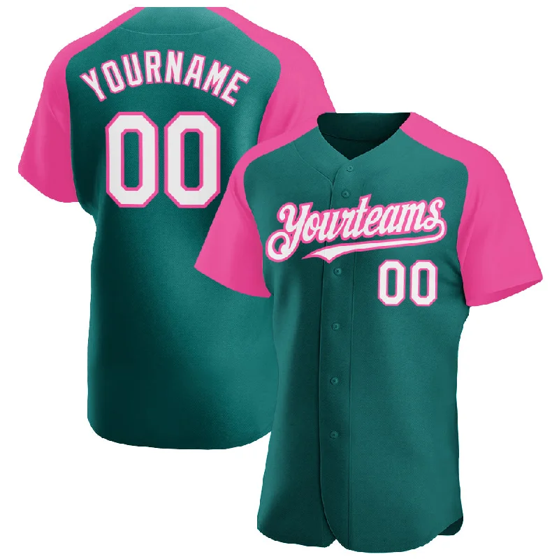 Custom baseball jerseys for summer camps and leagues-Custom Teal White-Pink Authentic Raglan Sleeves Baseball Jersey