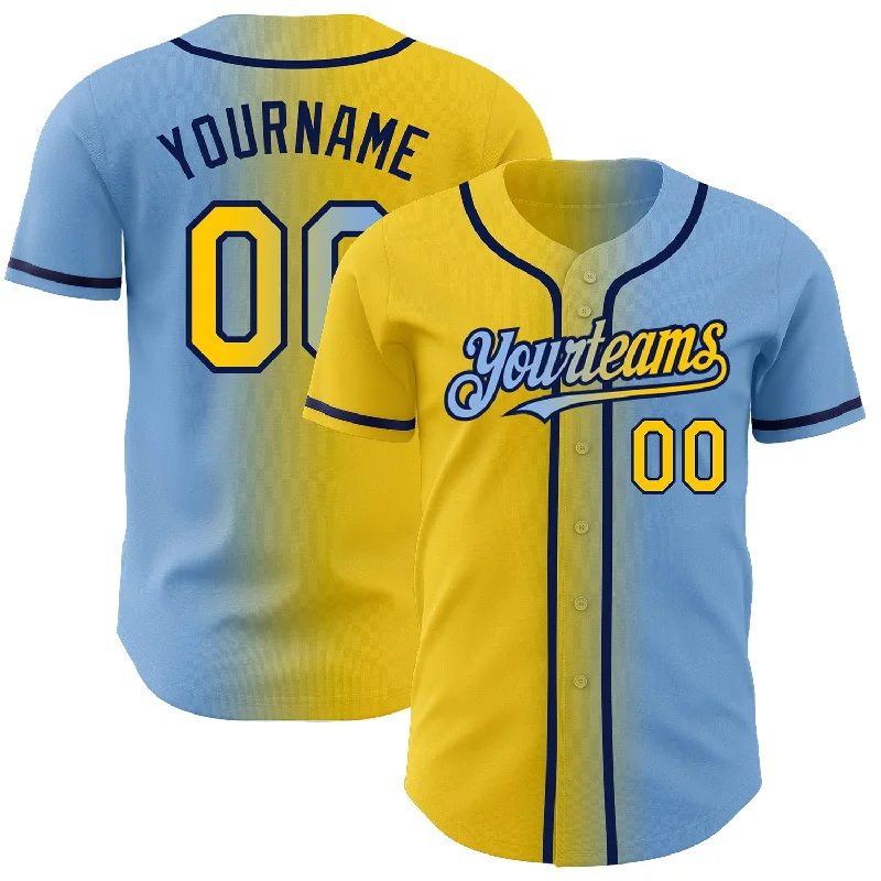 Baseball jerseys with bold prints for visibility on the field-Custom Light Blue Yellow-Navy Authentic Gradient Fashion Baseball Jersey