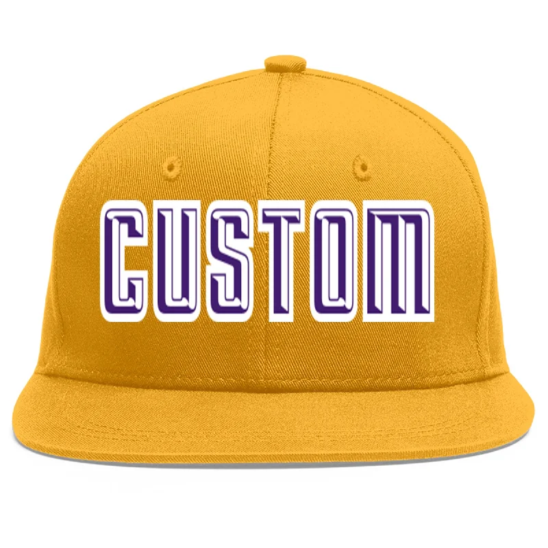 Baseball caps for outdoor sports-Custom Gold purple-White Flat Eaves Sport Baseball Cap