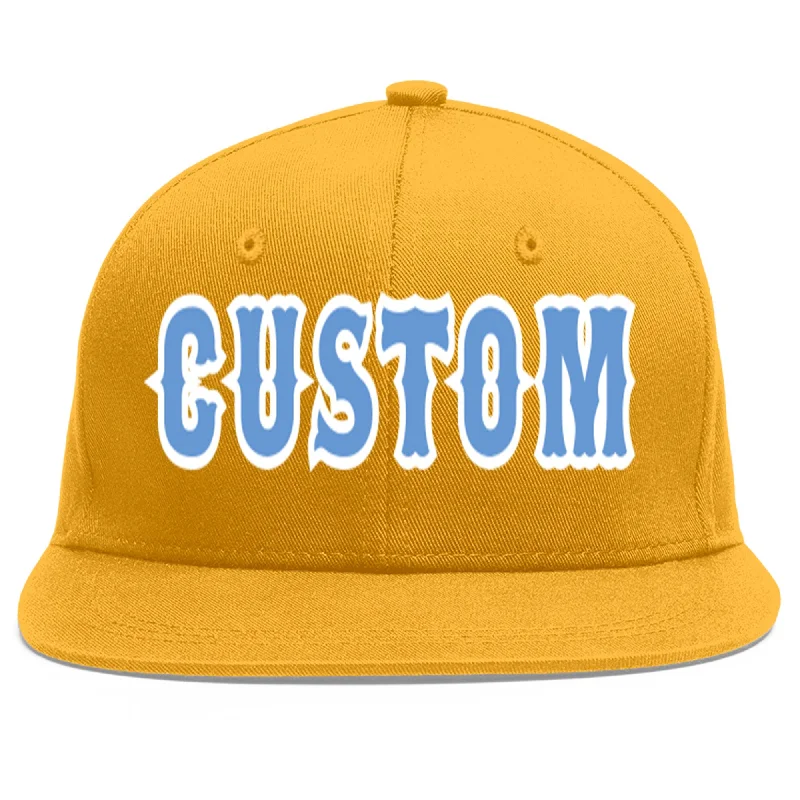 Pairing baseball caps with sports shirts-Custom Gold Light Blue-White Flat Eaves Sport Baseball Cap