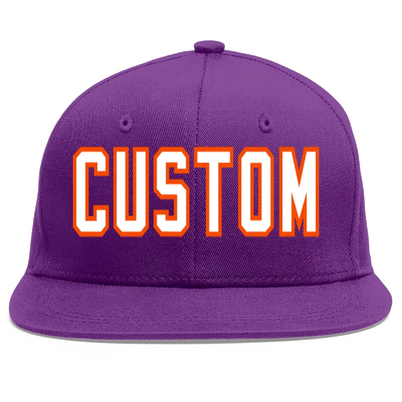 Baseball caps for travel wear-Custom Purple White-Orange Flat Eaves Sport Baseball Cap