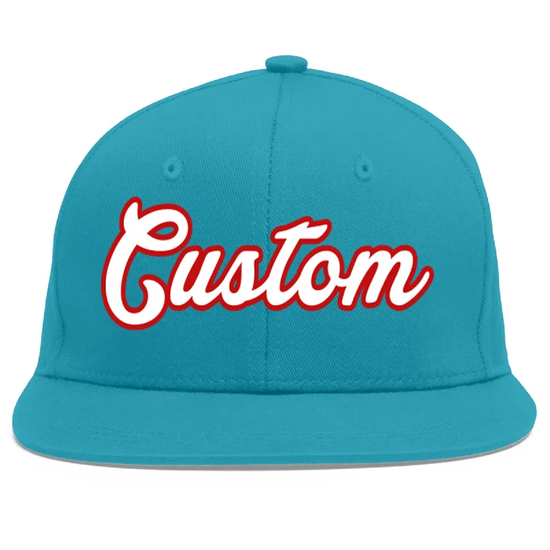 Baseball caps for daily wear-Custom Aqua White-Red Flat Eaves Sport Baseball Cap